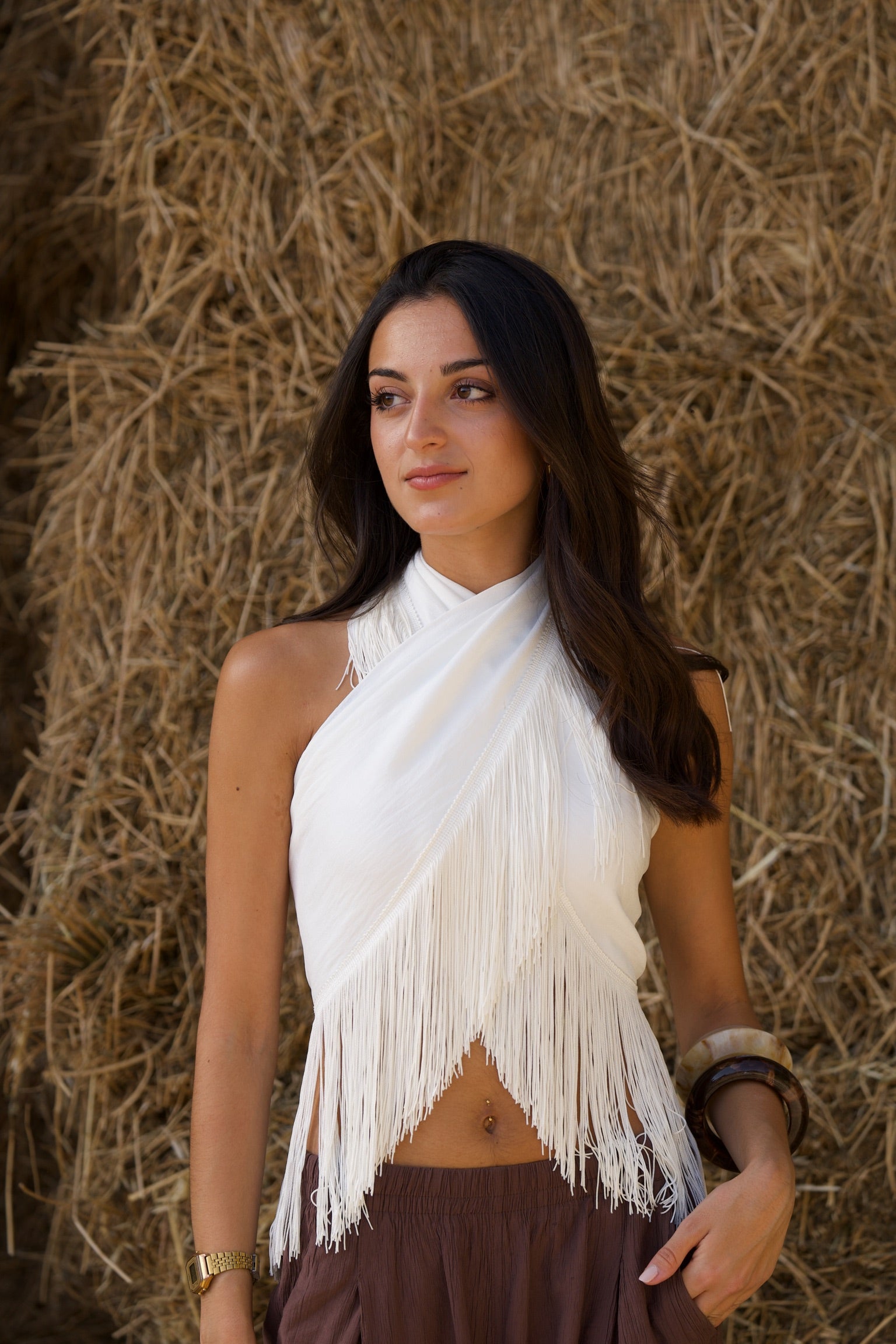 ベスト/ジレ leinwande Mixed Fringe Crop Top / White Blanc Top – GLOWDESSE